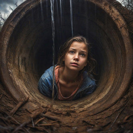 Create an image of a girl trapped in an abandoned  vertical tube well,  transparent,dry land, dry trees, light rain, a landscape, dark clouds, her fear, confusion, sunset, dim overhead light, hyper realistic character.