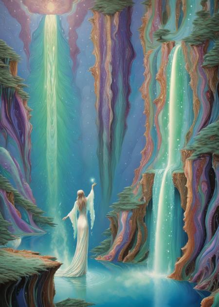 Social Realism, xlmrblng15-1300 beautiful glowing sorceress floating beside a magnificent (silver-toned:0.3) cliff with waterfall, very detailed, intricate, (misty:1.1)