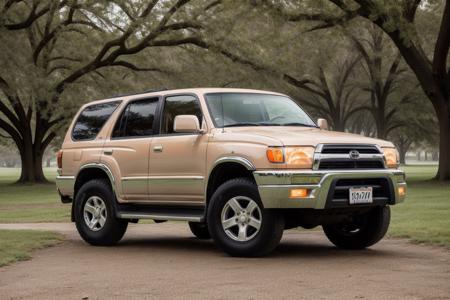 4RUNNER2 ((orange body)) with white racing stripe, parked next to a huge oak tree, misty morning, scene from the show supernatural, masterpiece, award winning, dramatic lighting, muted colors, sharp focus, smooth, intricate details, 8k wallpaper, trending on artstation <lora:4RUNNER2:0.8>