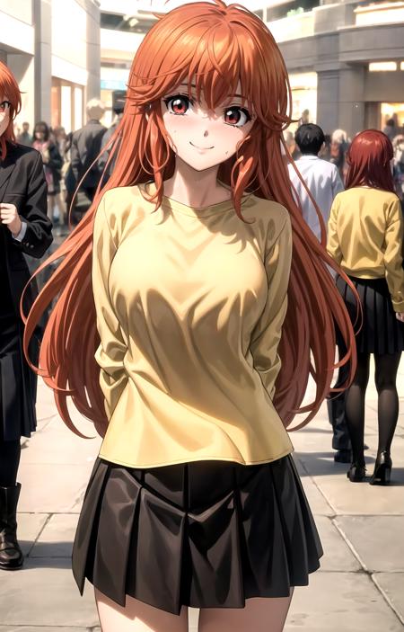 masterpiece,  best quality,  best aesthetic,  anime,  ultra detailed,  tia noto yoko,  1girl,  yoko_s2,  long hair,  very long hair,  solo,  large breasts,  wide hips,  (yellow shirt,  long sleeves:1.3),  (black skirt,  short skirt,  pleated skirt:1.2),  legs together,  cowboy shot,  arms at sides,  sweat,  looking at viewer,  outdoors,  (mall:1.2),  smile,  smile,  (blush:1.2),  closed mouth,  (arms behind back:1.2), <lora:EMS-179-EMS:0.300000>, , <lora:EMS-35073-EMS:0.800000>