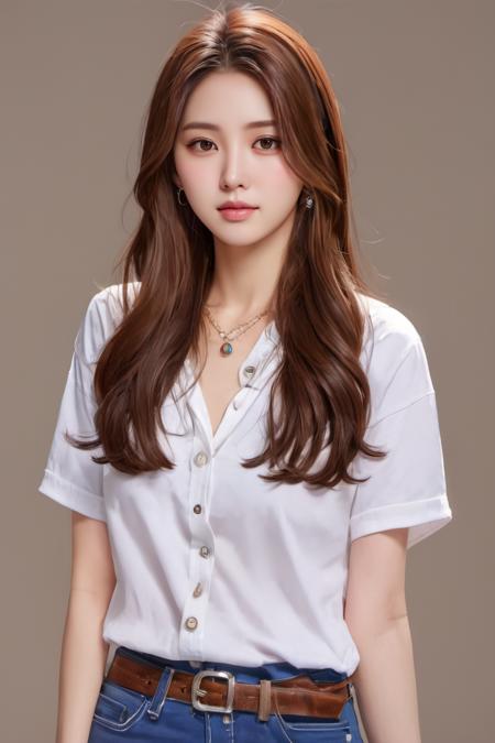 korean girl, 1girl, solo, head tilt, long hair, shirt, brown hair, jewelry, denim, earrings, t-shirt, white shirt, print shirt, pants, jeans, realistic, looking at viewer, short sleeves<lora:korean_girl_xl:1>