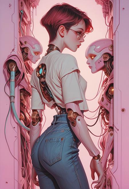 cinematic shot, strong backlighting, ethereal vibes,
 0010011_illu,  ArsMJStyle, Colored pencil hyperdetailed realism, masterpiece, very awa, amazing quality, best quality, 
creative concept, very aesthetic, (digital painting artwork,:0.5) 
1girl, tomie kawakami, solo, full body, short hair, simple background, golden eyes, red hair, short twist hair, short sleeves, open clothes, short denim, from front, profile, glasses, robot, science fiction,  golden and silver background, cable, joints, robot joints, mechanical parts, pale blue and pale pink theme, cyberpunk, limited palette,