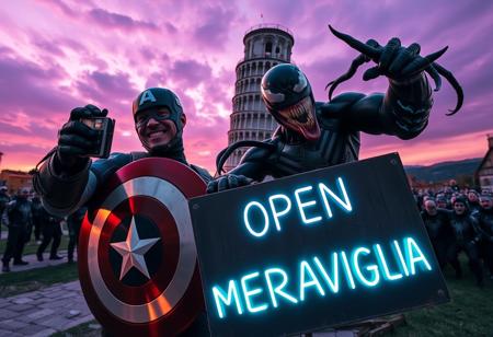 Marvel icons, Captain America and Venom, are caught in a surreal, high-energy selfie in front of the Leaning Tower of Pisa, with a dark, ominous atmosphere creeping into the scene. Captain America, his shield glinting under a fading sun, holds a vintage Kodak MC3 camera, trying to capture the moment. Venom, grinning wildly, strikes a chaotic pose, his black tendrils coiling unnervingly around Cap, almost too tight, as if blurring the line between playful and sinister. Behind them, a massive Sion army marches forward, their eyes glowing an eerie, unnatural red through their shadowy, insect-like helmets.
The sky is a strange, bruised purple, casting unsettling hues across the landscape. The Leaning Tower of Pisa leans dangerously, its shadow long and twisted, as if the world itself is warping. In the foreground, a creepy neon cardboard sign reads ‘OPEN TO MERAVIGLIA,’ but the letters flicker erratically, as though malfunctioning, with some symbols distorting into unfamiliar, unsettling shapes. Holographic accents pulse in and out, distorting reality. Dust and fog swirl ominously around the scene, as if the world is caught between dimensions, adding to the eerie, haunted feel of this strange and thrilling moment