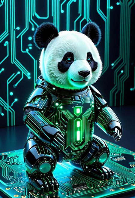 a cute panda bear made of electronic circuits, cybernetic panda, glowing circuit lines forming fur patterns, neon blue and green highlights, chrome and metal textures, intricate motherboard details, robotic animal, futuristic sci-fi style, ultra detailed, 4k render, soft lighting
<lora:CircuitBoardStyle:0.7>
, TzigoCBS
