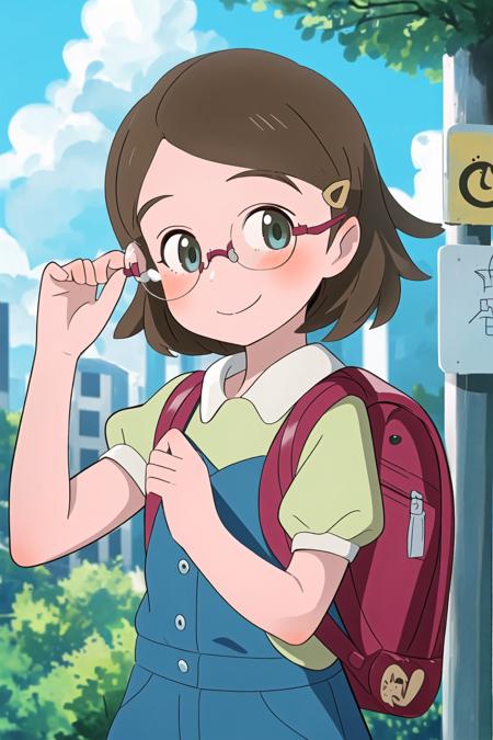 ((Masterpiece)), (best quality), 1girl, JuriAndou, smile, happy, beautiful outdoor setting, glasses, backpack, bus stop,  <lora:JuriV1A1-000004:1>