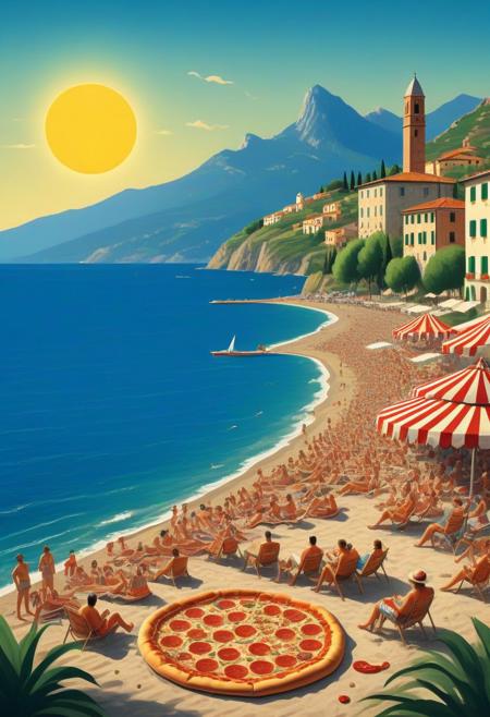 A vintage Poster for the italia Adria, with a beautiful small village directly at the sea shore, people laying on shore to sun bath, and the local Pizza baker ptaising his Pizza