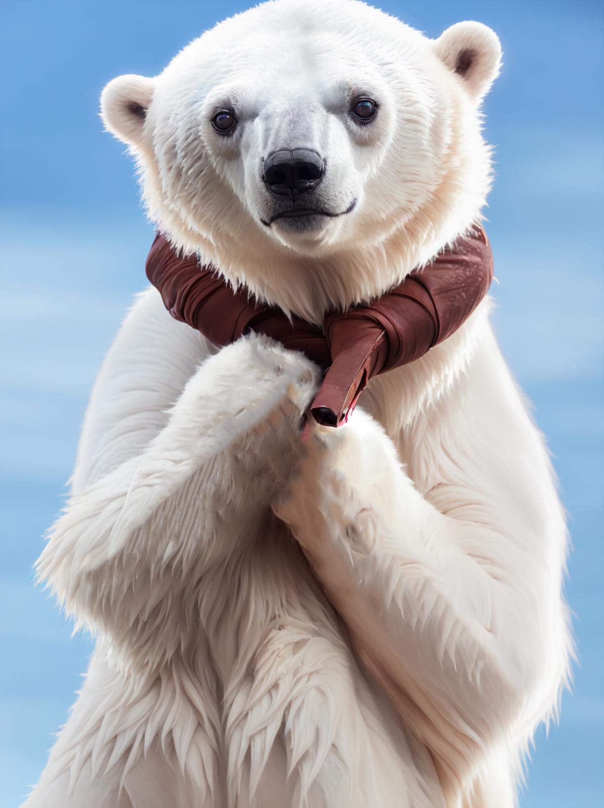 A white polar bear wearing a leather collar and a red tie.