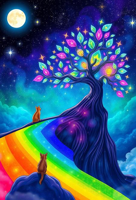 tree,stars,glow,night,cosmic,life,star,xenoblade,chronicles,scenic,desktop,nontextual,matter,abstraction,art,outline,abstract,chibionpu,tableau,arbre,peinture,moon,stars,,glow,fantasy,,night,tree,lantern,picture,color,,clouds,,light,,,,photo,revue,landscape,sylar,rainbow,brilliant,acid,mystic,kits,pink,,petals,,meditaie,,unificrii,conectare,mama,upscale,,number,<lora:wegg:1.0>,Envision a vast, vibrant rainbow bridge spanning a celestial realm. At one end, picture a magnificent orange tabby with medium-long fur,approaching with gentle curiosity. On the opposite side, imagine an althletic sleek tuxedo-patterned cat (95% black), adorned in striking black and white markings, standing with a sense of presence. Reflect on the essence of their encounter amidst the ethereal backdrop, reminiscent of the Rainbow Bridge from Pixar's Coco. The image represents a scene of the orange cat recently dying and leaving the world of the living via the rainbow bridge and seeing his loved one waiting for him on the bridge., wildlife photography, vibrant, architecture, 3d render, cinematic