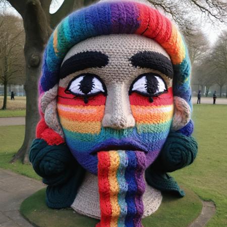 giant ukj style female face, statue, in a park, knitted yarn rainbow stream, best quality,  <lora:rainow_sdxl_ukjstyle_v111602-000003:0.85>