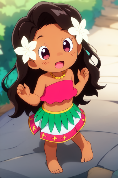 rwleiko, hair flower, dark skin, tube top, midriff, skirt, :o, open mouth, barefoot, outdoors, blush, smile, crop top