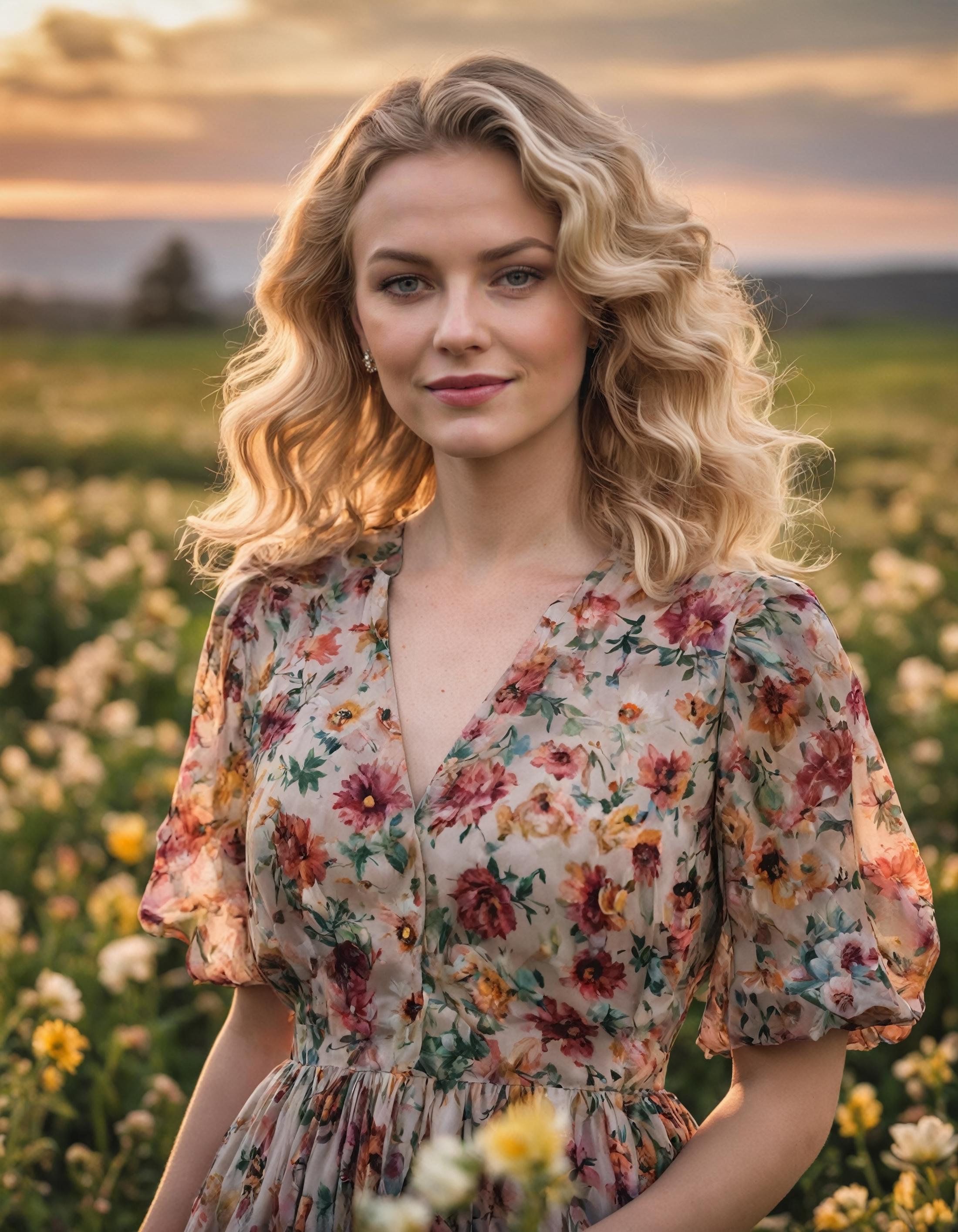 Blonde haired woman wearing a floral dress standing in a field of flowers.