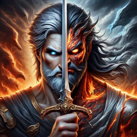 create a realistic image of Zeus the thunder god holding sword infront of face, half of the face is Zeus the thunder god, on other half is Hades the fire god, TwoFace Blade, HD, masterpiece, best quality, hyper detailed, ultra detailed,