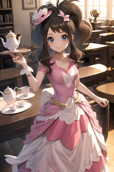 masterpiece, best quality, <lora:HildaLora:0.7>, hilda \(pokemon\), pink dress, mini hat, pink headwear, hat feather, smile, long dress, table, teacup