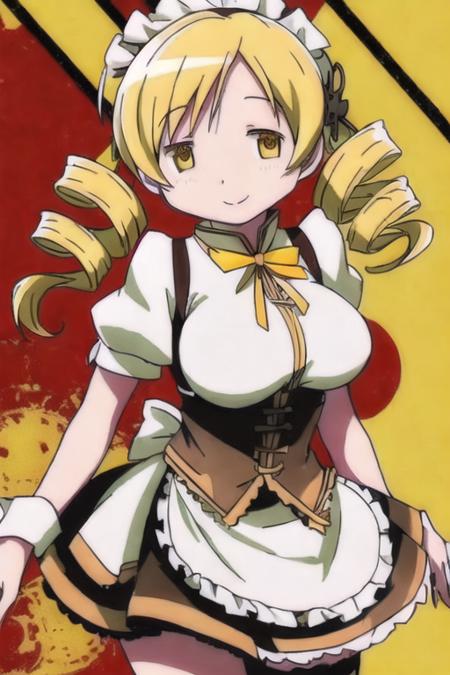 ((maid_headdress)),smile,(maid,skirt),1girl, solo, large_breasts, blonde_hair, hair_ornament, twintails, yellow_eyes, drill_hair, twin_drills