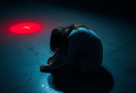a 20yo woman curled up on the cold concrete floor in the fetal position. she is filled with dread and despair. a spotlight shines red from above. she cries into her knees. the scene leaves the viewer with an overwhelming sense of hopeless and nothingness.