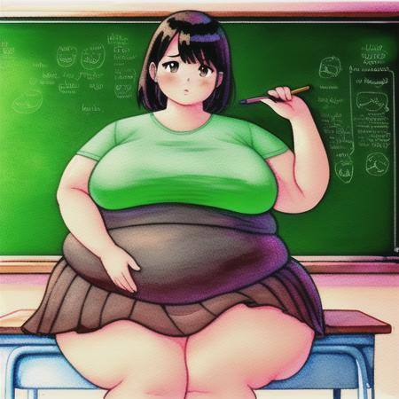 best quality, masterpiece, lineart, flat colors, water color, 1girl, black_hair, blush, breasts, brown_eyes, chalkboard, classroom, english_text, green_background, plump, shirt, short_hair, sitting, skirt, solo, speech_bubble, striped, teacher, thick_thighs, thighs