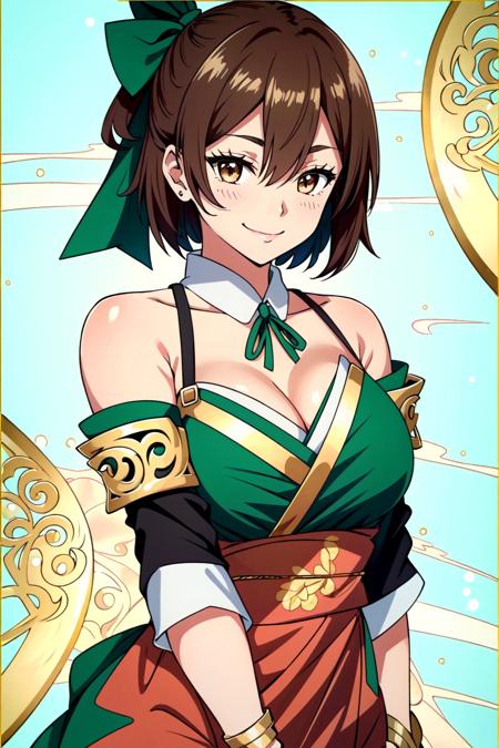 <lora:Lola Metrose:0.7> Lola Metrose, 1girl, solo, breasts, smile, brown hair, blush, cleavage, brown eyes, short hair, hair between eyes, japanese dress, japanese qipao, bare shoulders, detached sleeves, green dress, hair ribbon, ribbon, bangs, upper body, closed mouth, meme, green ribbon, smirk, ((Shonen Style)), (detailed background, intricate background:1.1), beautiful ((Extremely Detailed)), ((Best Quality)), ((Masterpiece)), ((4k))