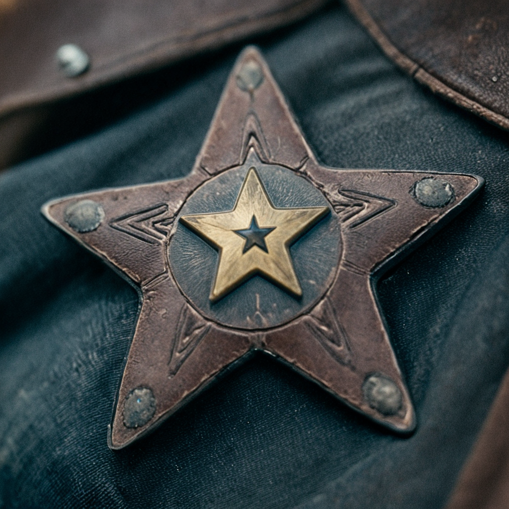 <lora:40s_Western_MovieSDXL:1> ArsMovieStill, movie still from a 1940s western movie, The image shows a close up of a star on a leather jacket with a blurred background. The star is a locket and the leather jacket is a deep brown color., blurry, no humans, star (symbol), pokemon (creature), blurry background, realistic, depth of field, solo, close-up, still life