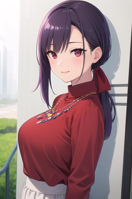 mature female Sagimiya Hazuki purple hair,very long hair,low ponytail,hair bow,red bow,hair slicked back,sidelocks,red eyes jewelry,necklace,red shirt,long sleeves,large breasts,skindentation,white skirt,long skirt,side slit,high heels