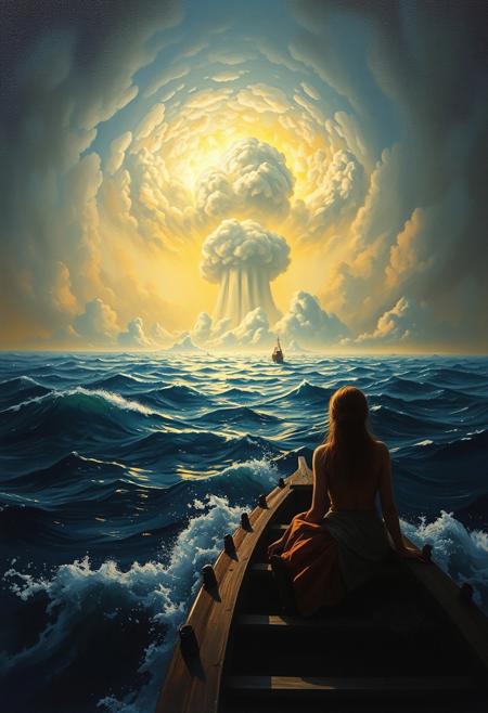 (((Oil painting masterpiece in Aivazovsky style))), ((girl)) , ocean, boat, nuclear blast, total apocalypse, hyper atmospheric, epic
