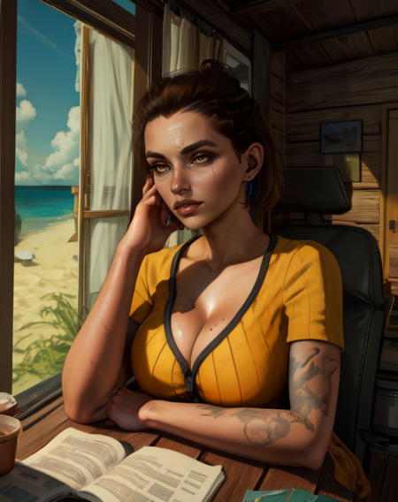 dani, solo,short hair,brown hair,lips,black hair.brown eyes,chest tattoo,hair bun , 
earrings,  yellow shirt,   cleavage, 
upper body,  sitting,  
 beach shore, cabin,  morning, indoors,  
 (insanely detailed, beautiful detailed face, masterpiece, best quality),  <lora:DaniRojas-10v6:0.8>