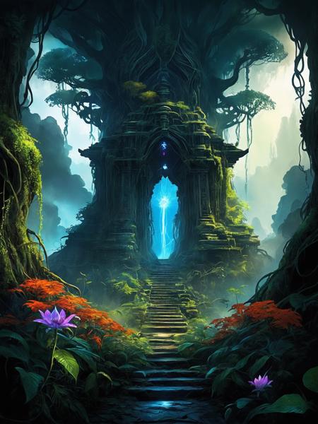 alien-themed narrow path to (ruined temple:1.1), dense forest, waterfall of energy, twisted trees, fractal vines, glowing flowers, overgrown, dark, low key, god rays, mystical, unbelievable, epic, (ori and the blind forest style:1.1), oil and watercolor painting, mystical dense fog, epic scene, haunting mist, dark fantasy art. extraterrestrial, cosmic, otherworldly, mysterious, sci-fi, highly detailed, narrow path to (ruined temple:1.1), dense forest, waterfall of energy, twisted trees, fractal vines, glowing flowers, overgrown, dark, low key, god rays, mystical, unbelievable, epic, (ori and the blind forest style:1.1), oil and watercolor painting, mystical dense fog, epic scene, haunting mist, dark fantasy art, cinematic, striking, extremely beautiful, very inspirational, detailed, stunning, surreal, lucid color, perfect composition, intricate, elegant, innocent, symmetry, light, highly coherent, complex, magical atmosphere, great, hopeful, positive, unique, joyful, thought, pristine, cute, inspiring, pretty, artistic, enhanced, vibrant, deep colors, precious.
