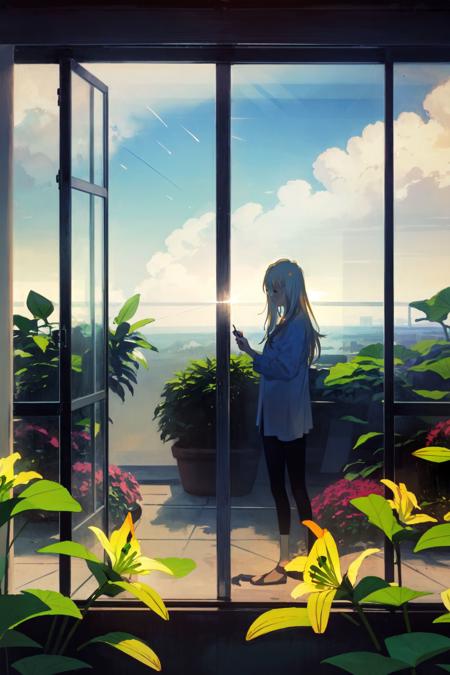 kukkastyle, scenery, partly cloudy, in front of glass window, large window, Lily_of_the_Nile \(flower\), blooming flowers, plants, trees, sunbeam, mystic, mature female, golden hair, single hair intake, light blue shirt <lora:kukka_style_v01:1>