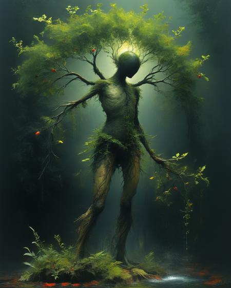 humanoid tree in the style of Roger Dean, branches spreading seeds, saplings, water, reflections, full body, large thorn leaves, transparency, sheen, imaginative lighting with reflections and refractions, colorful light, dark background,  hyper realistic, High definition, <lora:add-detail-xl:0.75> <lora:xl_more_art-full_v1:0.5>,  <lora:SandraChevrierXL:1> sachr,  <lora:Ben Aronson Style:1> Ben Aronson Style page,  <lora:MJ52:0.4>