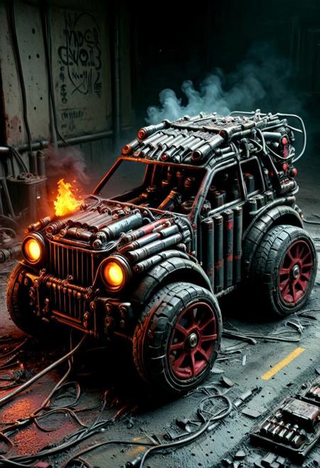 A heavily damaged and modified cyberpunk suicide assault vehicle, built for chaos in a dark dystopian future. The matte black and rusty red body is armored with scavenged plates, reinforced with spiked ramming gear and barbed wire-wrapped panels. Crude graffiti, hazard symbols, and skull insignias cover the surface. Exposed engine components hiss with heat, and burning oil trails behind it. Along the sides, glowing embedded power cells and cracked voltage conduits flicker dangerously—remnants of high-capacity stolen batteries repurposed for short bursts of speed or detonation. Makeshift bombs and unstable energy packs are strapped to the exterior, pulsing faintly under red warning lights. Smoke seeps from welded seams, and the vehicle is parked or roaring through a dark, debris-strewn alley lit by neon signs and fire. The entire scene is gritty, photorealistic, and cinematic—8K render with strong contrast, cyberpunk aesthetic, and raw mechanical menace.