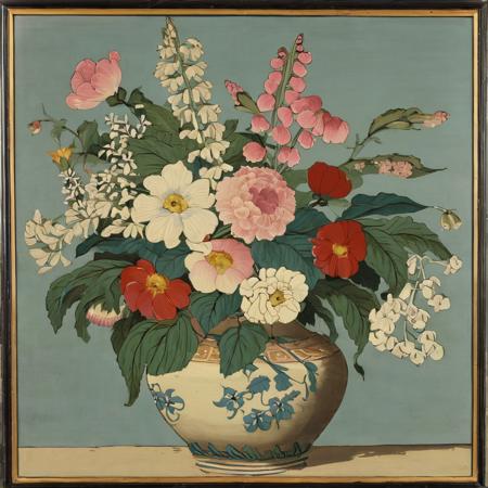 studio image in ghst artstyle of an ancient vase with flowers in it