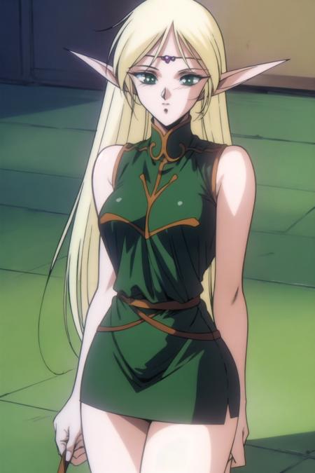 retro artstyle, 1990s \(style\), anime screencap, masterpiece, best quality, deedlit, 1girl, female elf, pointy ears, blonde hair, very long hair, green eyes, medium breasts, sleeveless, green dress, short dress, highly detailed, <lora:DeedlitLoRA2-10:0.9>