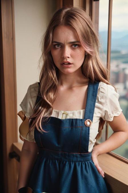 analog film photo solo, realistic, ((RAW GIRL)), (((Brown and rose gold two-tone hair hair, 90s Layers Hairstyle))), (((Angry, tightened jaw, squinted eyes, and raised eyebrows.))), (((Modest pinafore dresses))), ((cliff, sheer drop, panoramic view, breathtaking)), ((dynamic pose)), 8k, clear facial features, bokeh,. faded film, desaturated, 35mm photo, grainy, vignette, vintage, Kodachrome, Lomography, stained, highly detailed, found footage