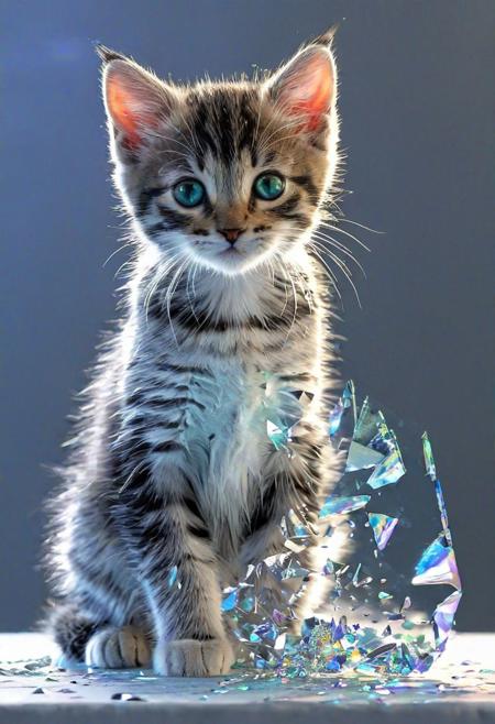 Kitten getting in trouble, 
Broken Glass effect, 
no background, 
stunning, 
something that even doesn't exist, 
mythical being, 
energy, 
molecular, 
textures, 
iridescent and luminescent scales, 
breathtaking beauty, 
pure perfection, 
divine presence, 
unforgettable, 
impressive, 
breathtaking beauty, 
Volumetric light, 
auras, 
rays, 
vivid colors reflects