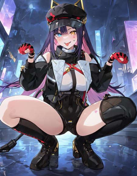zzbsaa, solo, 1girl, heterochromia, blue eyes, long hair, black hair, pink hair, looking at viewer, multicolored hair, bangs, yellow eyes, mechanical cat tail,single thighhighs,