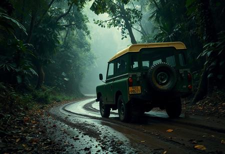 a vintage Land Rover Series I driving on a narrow muddy jungle trail, thick rainforest canopy above, cinematic lighting, early morning mist, wet tire tracks, scattered leaves, 1960s expedition style, dust particles, film look, realistic textures, soft bloom, adventure photography
--ar 16:9 --v 5 --q 2
<lora:classic_cars_vintage_adventure:0.8> <lora:cinematic_moody_lighting:0.7>