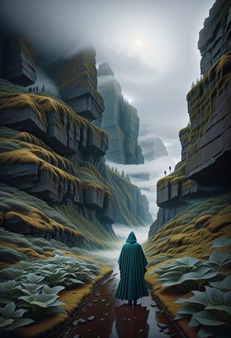 morose absurd mean , Dense Morning Fog Opacity veils the world, a mysterious cloak in the early hours, in the style of Jessica Rossier and Thomas Struth , vibrant saturated colors