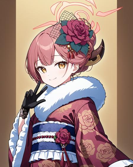 aru \(blue archive\),1girl, solo, lace_gloves, hair_flower, obi, black_gloves, looking_at_viewer, floral_print, halo, smile, rose, wide_sleeves, red_kimono, long_sleeves, closed_mouth, demon_horns, print_kimono, frilled_sleeves, fur_trim, hair_bun, lace_trim
<lora:aru_(blue_archive)_image2817_2023-11-25-000009:1>halo. gorgeous,key visual, vibrant, studio anime,award-winning, professional, highly detailed,high budget, cinemascope