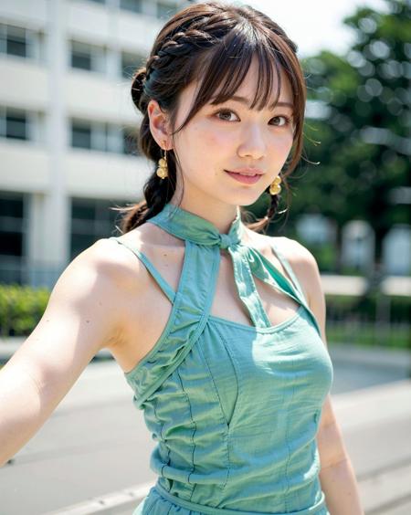 a woman posing on the street corner with light green dress on, best quality, 1girl, large breasts, day, bright, blur background, bokeh, outdoor, (street:0.8), (people, crowds:1), (lace-trimmed dress:1.5, sleeveless dress, light green clothes:1.5, light green high-neck dress:1.5, orange dress: 1.5), gorgeous, (braided bangs:1.5), beautiful detailed sky, beautiful earrings, (dynamic pose:0.8), (upper body:0.8), soft lighting, wind, shiny skin, <lora:JAV_Mio_v1.5:0.65>