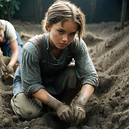 a young medieval farmer digging in the dirt, 1girl, blue eyes, short brown hair, 
analogue photography, natural light,
