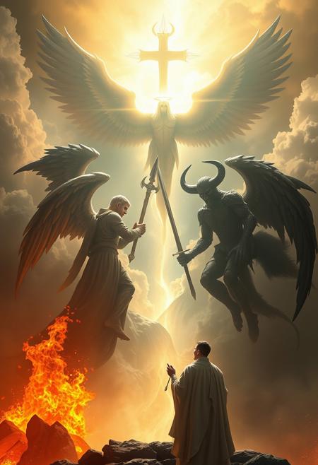 On the edge of light and shadow
A priest beholds the sight
Of angels and of demons locked
In everlasting fight
Guardians of heaven's gates
Wield swords of holy flame
While legions from the depths below
Seek glory in Hell's name
The balance hangs by threads of fate
As good and evil clash
Each soul becomes a battleground
Where light and darkness crash
Celestial choirs raise their voice
Against the demons' roar
The righteous and the fallen wage
Their never-ending war
Heaven's light shines from above
Hell's fire burns below
Caught between these mighty forces
Where will lost souls go?
Archangels in their armor bright
Face lords of sin and shame
Each victory and each defeat
Feeds the cosmic game
Pray for strength in troubled times
When darkness seems to win
Remember that the smallest light
Can pierce the darkest sin
Warriors of virtue stand
Against the tides of night
While tempters whisper promises
Of power and delight
The choice lies with each mortal heart
To rise or to descend
In this eternal struggle that
May never have an end
Between the realms of joy and pain
Between the high and low
The battle rages on and on
Which path will you choose to go?
Good and evil, intertwined
In life's complex design
The war within, the war without
Your soul is on the line