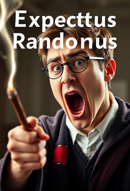 Candid photograph of a man with exaggerated facial expressions dressed as a harry potter student wizard. he is casting a spell with his wand in a dramatic gesture screaming the incantation. The text "Expectus Randomus" appears on screen in a font of magical light bolt. his face while realistic looks like a Japanese chi-bi caricature his mouth opened in a tightly lipped O, his lips plum, his eyes looking up his eyes in a crescent moon shape the bottom like manga characters are when content with themselves, eyebrows raised, giving him the allure of a dim person, of low intelligence and even a little dumb, simply put, he looks like an idiot cartoon character. The lights and shadows from the spell accentuate his facial lines.