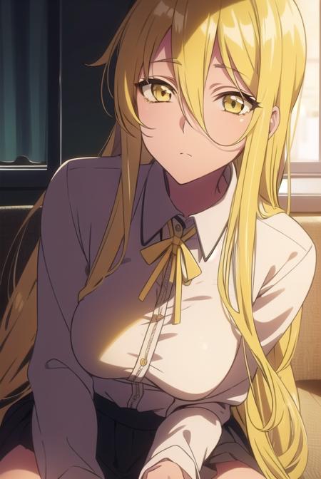 shizukamarikawa, <lyco:shizukamarikawa-LYCORIStest:1>,
shizuka marikawa, long hair, blonde hair, very long hair, low-tied long hair, (yellow eyes:1.5), hair between eyes,
BREAK skirt, shirt, long sleeves, ribbon, white shirt,
BREAK looking at viewer,
BREAK indoors, classroom,
BREAK <lora:GoodHands-vanilla:1>, (masterpiece:1.2), best quality, high resolution, unity 8k wallpaper, (illustration:0.8), (beautiful detailed eyes:1.6), extremely detailed face, perfect lighting, extremely detailed CG, (perfect hands, perfect anatomy),