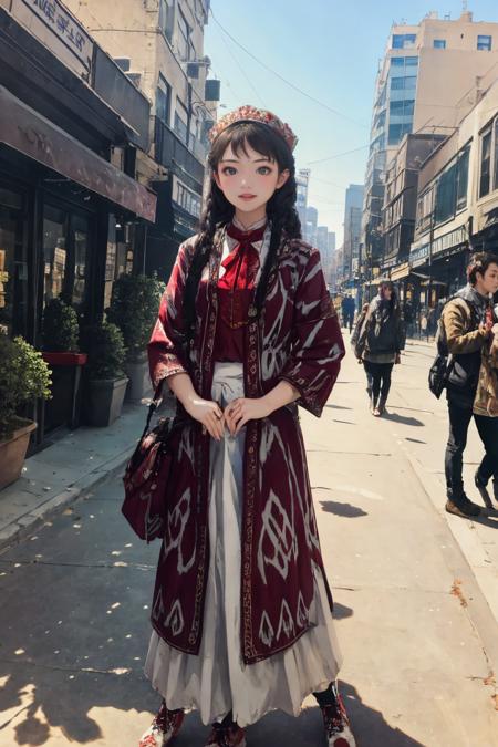 masterpiece,best quality,1girl,UGirl,Exquisite face,Excellent lighting,Real sense of photos,full body,<lora:UGirlCostumeStyle_V1:0.7>,outdoors,Photo posture,Stand,City,A bustling street,