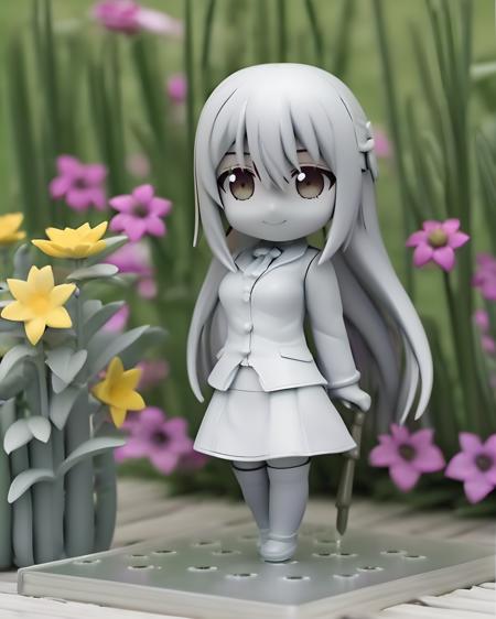 4k,ultra detailed,realistic,a cute girl wearing school uniform standing in gardenfields,grassland,flowers,long hair,nature light,shadow,full body,chibi,realistic uncolored model,<lora:realistic_uncolored_model:1>,