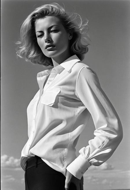 Stunning b&w 35mm full body photo of a beautiful (woman like [Ava Lavinia Gardner:russian girl:0.6]), Blunt Cut Haircut, {White|Dirty-Blonde|Platinum-Blonde} hair. perfecteyes, dark circles under eyes, highly detailed skin, (lightest freckles and (moles) all over body:0.9), flat chested. hips. intricate poses by ruth bernhard. (Photography and style by ruth bernhard). 35mm, Hasselblad. capturing fashion-forward visuals, creating visual impact,evoking emotion,pushing creative boundaries. (little_belly:0.9). standing in a casual pose with her hands on her hips. She is wearing, An (wide-open:1.4) button-down shirt to expose breasts with rolled-up sleeves and tight high-waisted black_spandex_leggings. nipslip. unbuttoned shirt. open shirt. golden hour, shot from the side, playful pose, god rays,artistic photoshoot, visible bumplled nipples