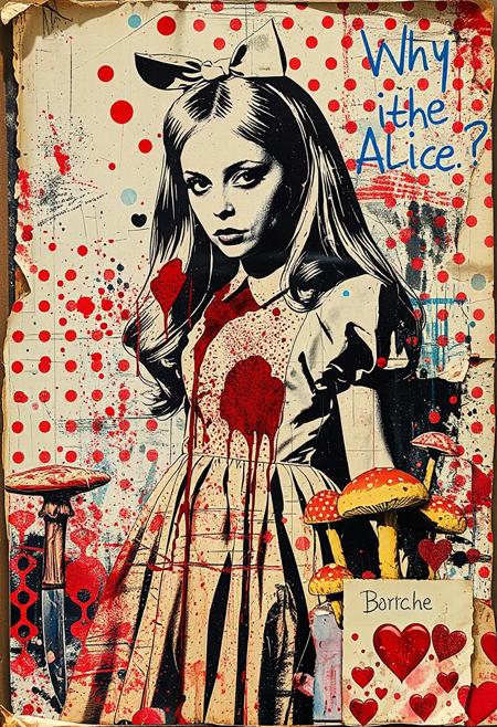 A pop art style of Butcher Billy mixed media collage artwork. Deconstructed, provocative, surreal, intense and chaotic composition. Street art textures, overlapping layers and vibrant retro colours. A distressed photocopy print of a magazine image of Alice in Wonderland in a latex outfit covered in blood. Print errors, halftone dots. grungy print registration errors. Overlaying this are multiple layers of vintage storybook images, hand-drawn shapes and patterns, bold paint splashes. Next are layered sections of repetitive brightly coloured dots are spraypainted in Yayoi Kusama style - smears and spray. Paint splattered and dripping. Torn magazine photos of knives and toadstools glued to the layers. These partially hide sections of the images below. On the top layer are rough hand-drawn shapes, abstract patterns and love hearts scrawled heavy-handedly in blue biro and Sharpie marker. Text: "Why Alice?"