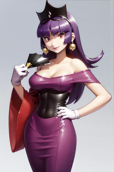 (masterpiece, best quality:1.2), 1girl, solo, sabrina, pokemon, mystery door, tiara, dress, holding fan, jewelry, collarbone, white gloves, looking at viewer, large breasts, cleavage, long hair,  purple hair, wide sleeves, red eyes, hand on hip, purple lips, off shoulder, off-shoulder dress, smile,  lipstick, gloves, earrings, hand fan, simple background <lora:SABRINA-15:0.9> <lora:kenSugimori1990sClassic_v12:0.8>