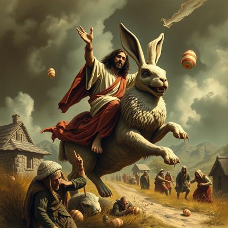 A zombie Jesus riding a giant bunny throwing easter eggs at terrified first century villagers.