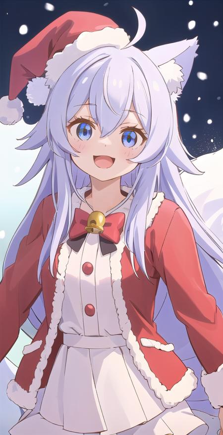 Noela, 1girl, solo, upper body, portrait, looking at viewer, happy, ahoge, animal ears, very long hair, tail, santa hat, santa jacket, snow falling, perfect quality, good quality, masterpiece, HDR, UHD <lora:Noela:0.6>