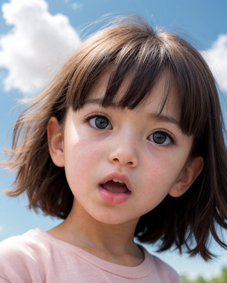 Cute child (ethnicity:1.1), (age:2), (detailed clothing:1.1), (expression:surprised), (facial features:1.2), looking upward, mouth wide open,  curly dark hair, large expressive eyes (detailed eye makeup:1.2), (body type:1.1),  (pose:1.2),  wearing light pink shirt with colorful designs;  sky background with soft pastel colors (light blue, pale pink, light peach), fluffy clouds;  composition centered on the child;  soft lighting,  style anime/manga illustration, photo style,  high detail digital painting;  child centered in the frame,  facing upward, full shot, soft focus on eyes and facial expressions.